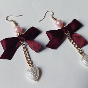Vamp Earring Satin Bow with Dangle Pearl Heart image 3