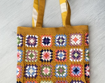 Bolso de crochet reversible, bolso de abuela cuadrado, bolso de crochet amarillo mostaza hecho a mano, bolso de crochet de doble cara