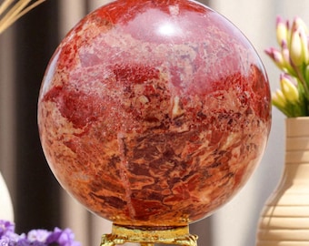 80MM Red Brecciated Jasper Sphere: Chakra Healing Crystal, Metaphysical Stone