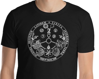 May include: A black t-shirt with a white graphic of a circular design featuring the words "RECTIFICANDO", "INVISIS", "OCCULTUM", "LAPIDEM", "VISITA", "INTERIORA", "TERRA", and "RECTIFICANDO".