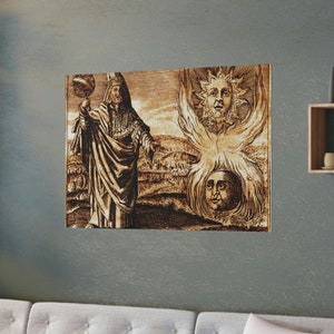 以下が含まれることがあります： 球体を持っている人物を描いたヴィンテージの木版画。太陽と月を表す2つの顔に囲まれた天体シーン。印刷は茶色と白の陰影で表現されている。