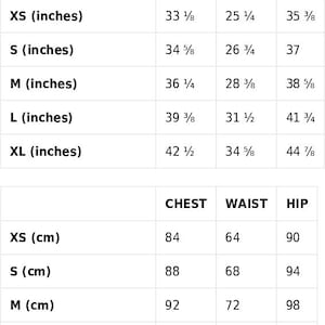 May include: Size guide chart with measurements in inches and centimeters for XS, S, M, L, and XL sizes. The chart shows chest, waist, and hip measurements.