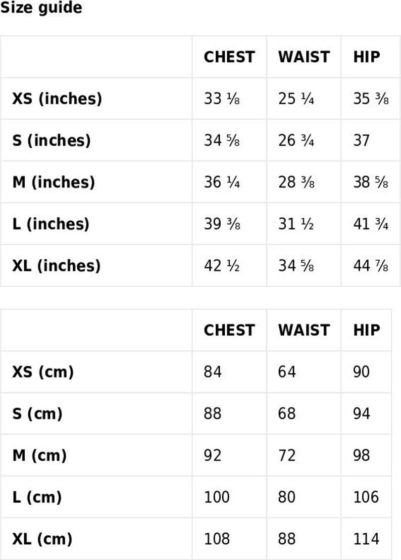 May include: Size guide chart with measurements in inches and centimeters for XS, S, M, L, and XL sizes. The chart shows chest, waist, and hip measurements.