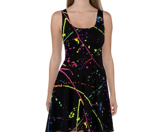 Retrowave Skater Dress Skater Skirt Black Skater Dress 80s Clothing Paint Splatter Rainbow Dress Splatter Paint Circle Skirt Rainbow Skirt