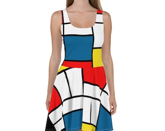 Puede incluir: Un vestido skater sin mangas con un patrón geométrico en rojo, amarillo, azul y blanco.
