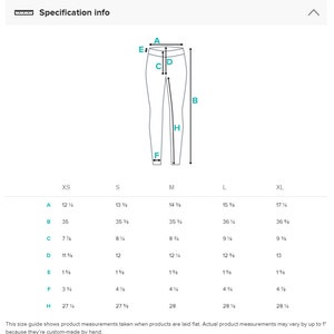 May include: Size chart for leggings with measurements in inches for waist, hip, inseam, rise, and leg opening. Sizes include XS, S, M, L, and XL.