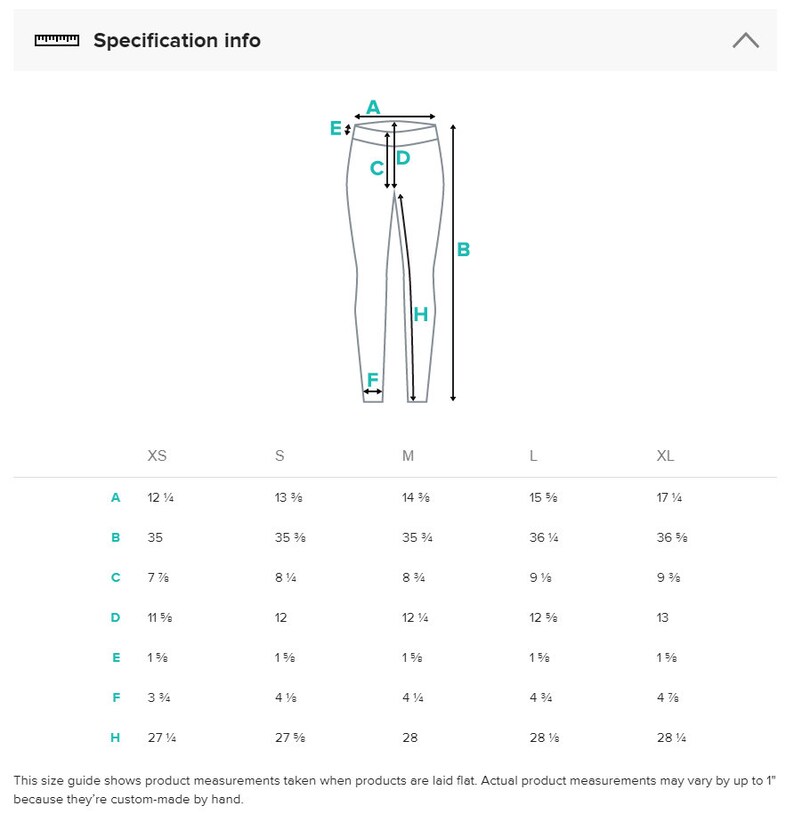 May include: Size chart for leggings with measurements in inches for waist, hip, inseam, rise, and leg opening. Sizes include XS, S, M, L, and XL.