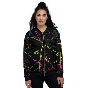 80s Clothing Bomber Jacket Fleece Jacket Paint Splatter Paint Retrowave Vaporwave Aesthetic Clothing Rave Wear Best Seller Punk Jacket
