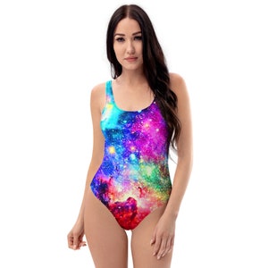 Galaxy Print Space Age Rave Bodysuit Women One Piece Swimsuit Pastel Goth Soft Grunge Bathing Suits Women Gymnastics Figure Skating Leotard