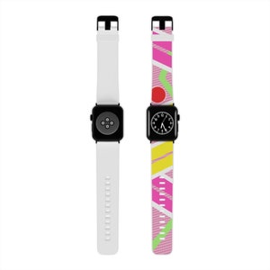 May include: Two smart watch straps. One is white, the other has a colourful geometric design with pink, yellow, green, and white shapes. Both have black watch faces and clasps. The white strap has a series of small holes.