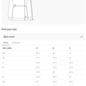 May include: Size chart for a sweatshirt with measurements in inches for half chest width, length, and sleeve length. Sizes range from 2XS to 6XL.