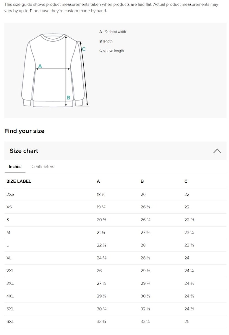 May include: Size chart for a sweatshirt with measurements in inches for half chest width, length, and sleeve length. Sizes range from 2XS to 6XL.