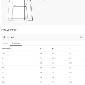 May include: Size chart for a sweatshirt with measurements in inches for chest width, length, and sleeve length. Sizes range from 2XS to 6XL.