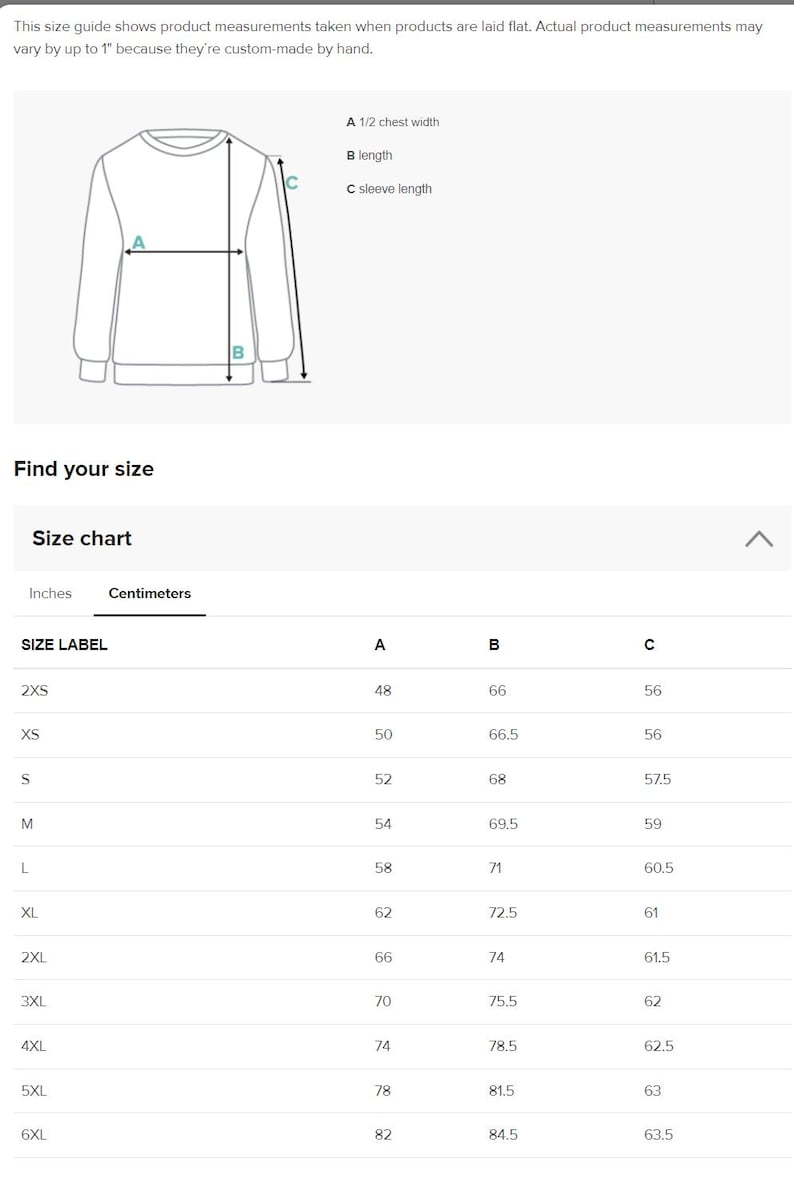 May include: Size chart for a sweatshirt with measurements in inches for chest width, length, and sleeve length. Sizes range from 2XS to 6XL.