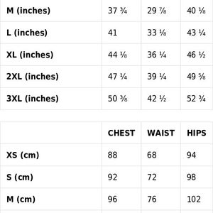 May include: A size guide table with measurements for chest, waist, and hips in inches and centimeters. Sizes range from XS to 3XL. The table includes measurements like 34 5/8 inches (88 cm) chest, 26 3/4 inches (68 cm) waist, and 37 inches (94 cm) hips.