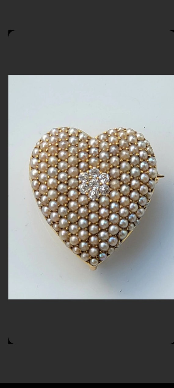 Krementz Antique 14k Gold Diamond Seed Pearl Hear… - image 4