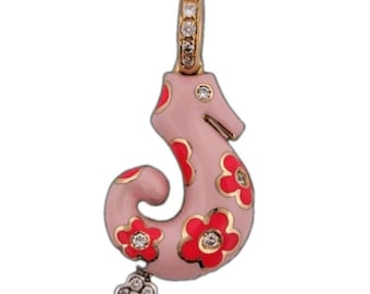 Aaron Basha 18k Gold Seahorse Diamond Enamel Pendant Charm-Estate Jewelry 7.4g