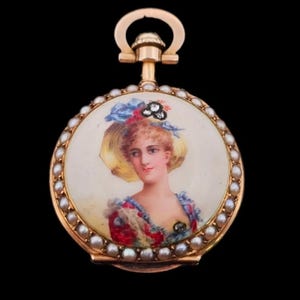 18k Yellow Gold Pearls, Enamel  Lady, Diamond Accent Manual Open Face Antique Pocket Watch Pendant Art Nouveau Estate Jewelry