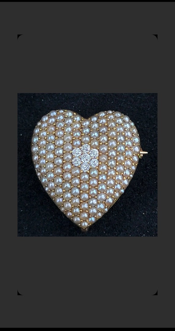 Krementz Antique 14k Gold Diamond Seed Pearl Hear… - image 1
