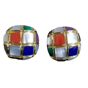 Asch Grossbardt 14k Gold Earrings Lapis Onyx MOP Coral Estate Jewelry 17.8 gm