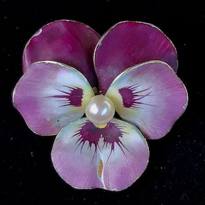 Antique 14k Gold  Pearl Pink Enamel Pansy Brooch Pin Estate  10.1g
