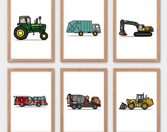 Set of 6 Construction trucks Prints,Construction Wall Art,Transportation Nursery,Kids Gallery Wall Set, Truck Wall Art, Nursery Truck Prints