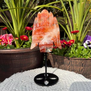 Fire Quartz Skull with Feathers Crystal Carving on Stand, Natural Fire Quartz, Hematoid Quartz, Crystal Carving,  Crystal Gift