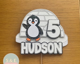 Penguin Cake Topper | Personalised Name and Age | Birthday | Igloo | Snow