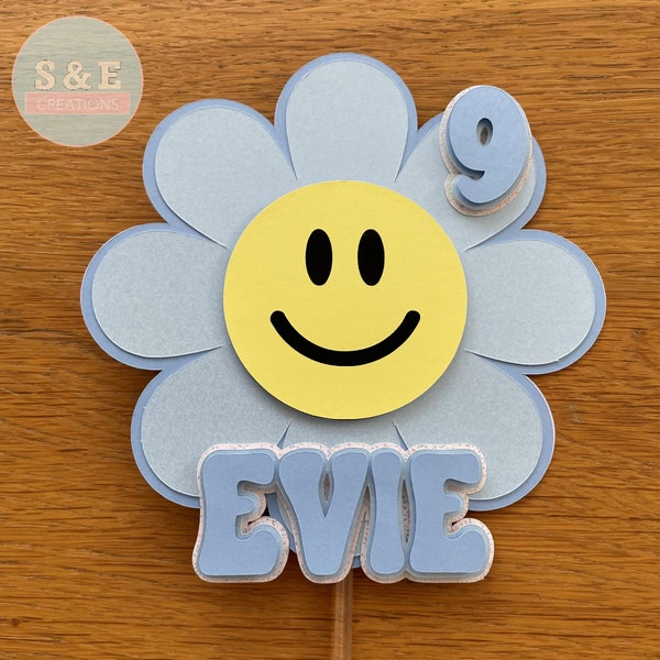 Smiley Flower Cake Topper | Personalised Name and Age | Groovy | Smiley Face