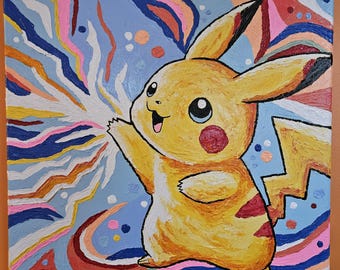 Original, hand-painted Pikachu with lightning acrylic painting. Colorful Pokemon wall art.