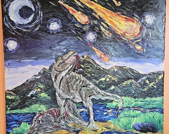 Original dinosaur oil painting "Last Meal". Colorful hand-made wall art.