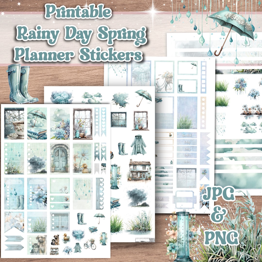 Printable Spring Stickers - Rainy Day Planner Spread - Etsy
