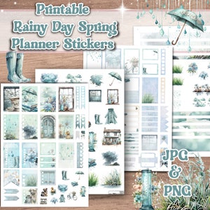 May include: Printable planner stickers featuring a rainy day spring theme. The stickers are in blue, green, and white with images of umbrellas, rain boots, houses, and other spring-themed items. The text "Printable Rainy Day Spring Planner Stickers" is at the top of the image. The text "JPG & PNG" is at the bottom of the image.