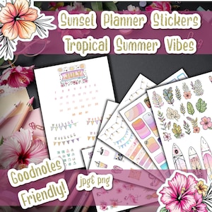July Planner Stickers Kit – Tropical Sunset, Flamingo & Beach Theme – Digital, Printable, Goodnotes, Boho Summer Stickers,