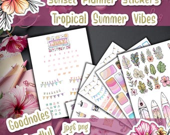 Tropical Sunset Planner Stickers | Flamingo Beach Summer Kit (Digital Download)