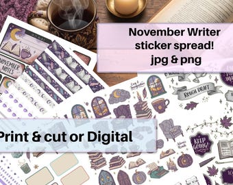 November Writer Sticker Kit | Writing Challenge, Autumn Bookish Stickers, Cozy Writer, Draft, Planner Decoration