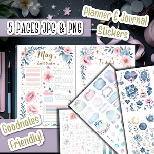 Könnte beinhalten: Fünf Seiten mit Planer- und Journal-Stickern mit floralem Thema in Blau- und Rosatönen in Aquarelltechnik. Die Sticker beinhalten einen Habit Tracker, eine To-Do-Liste und verschiedene dekorative Elemente. Die Sticker sind mit Goodnotes kompatibel.