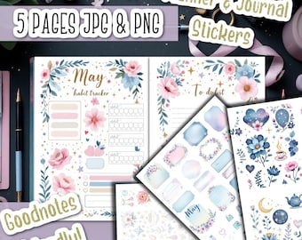 Magical May Planner Stickers | Kawaii Floral Habit Tracker Kit | A5 Digital Download | Goodnotes & Printable