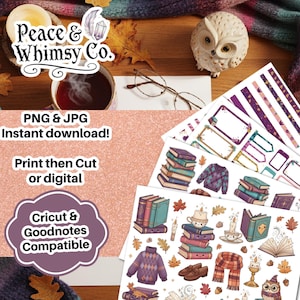 Puede incluir: Pegatinas digitales con temática otoñal, con ilustraciones de libros, suéteres, velas y una figura de búho. La imagen también incluye el texto "Peace & Whimsy Co.", "PNG & JPG Instant download!" y "Cricut & Goodnotes Compatible".