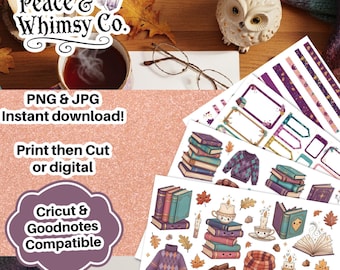 Cozy Bookish Planner Stickers: Fall Decor, Owls, Washi (Digital Kit)