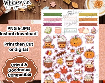 Pumpkin Spice Kawaii Sticker Sheet | Cozy Autumn Planner Stickers | Habit Trackers & Glitter Washi Strips