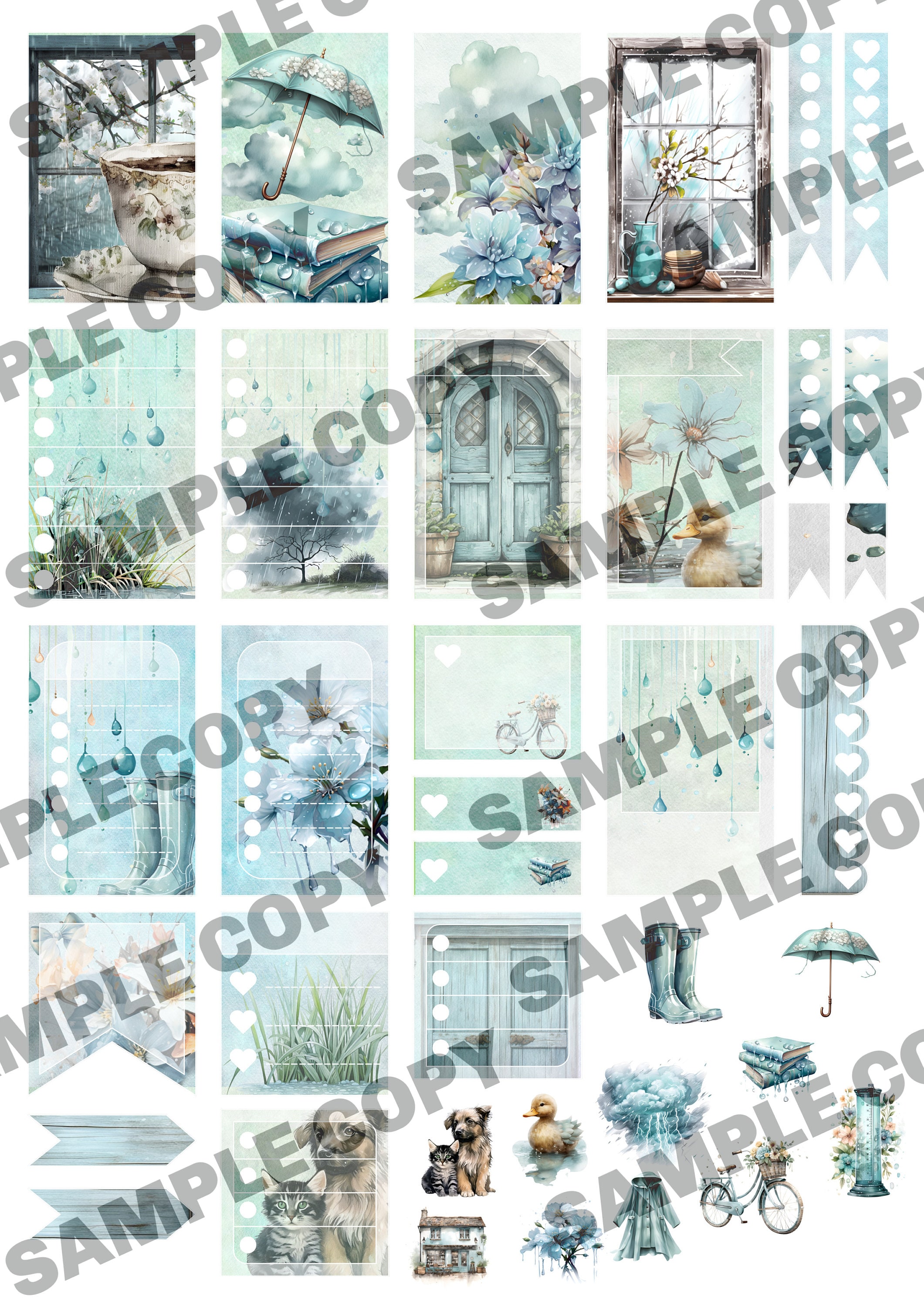 Printable Spring Stickers - Rainy Day Planner Spread - Etsy