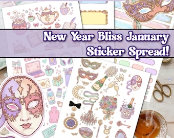 New Year Bliss January Monthly Planner Stickers | Venetian Masquerade | PNG JPG Download