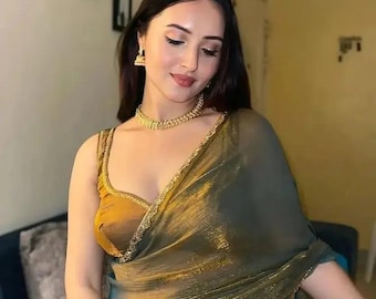 Golden Teal Soft Silk Saree – Indian Heritage Designer Saree