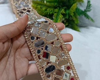 Exquisite Rose Gold Mirror Lace Trim: 9 Yards of Indian Elegance, Handcrafted Belt Cutwork Mirror
