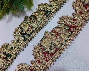 Elephant Embroidered Lace Trim: Indian Bridal Costume Design, 3 Yards