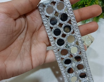Silver Mirror Work Lace Trim for Saree Borders, Lehenga Embellishments, Bridal Wear, DIY Indian Crafts & Festive Decor