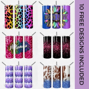 May include: Ten different designs for sublimation tumblers. The designs include leopard print, glitter, cow print, and mermaid scales. The tumblers are all stainless steel and have a straw.