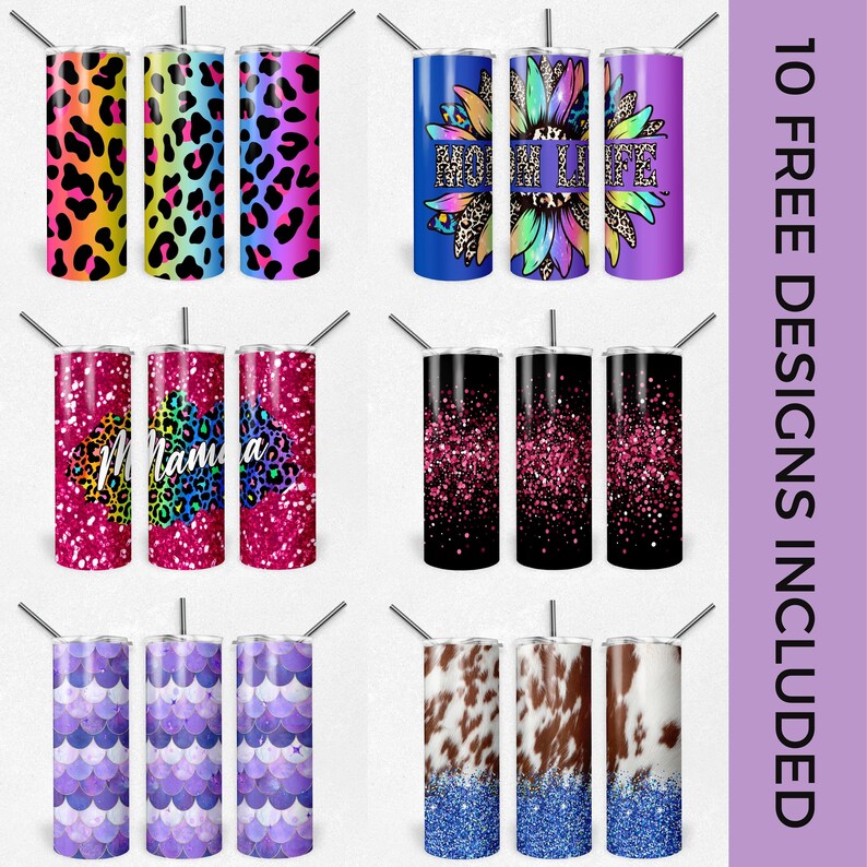 May include: Ten different designs for sublimation tumblers. The designs include leopard print, glitter, cow print, and mermaid scales. The tumblers are all stainless steel and have a straw.