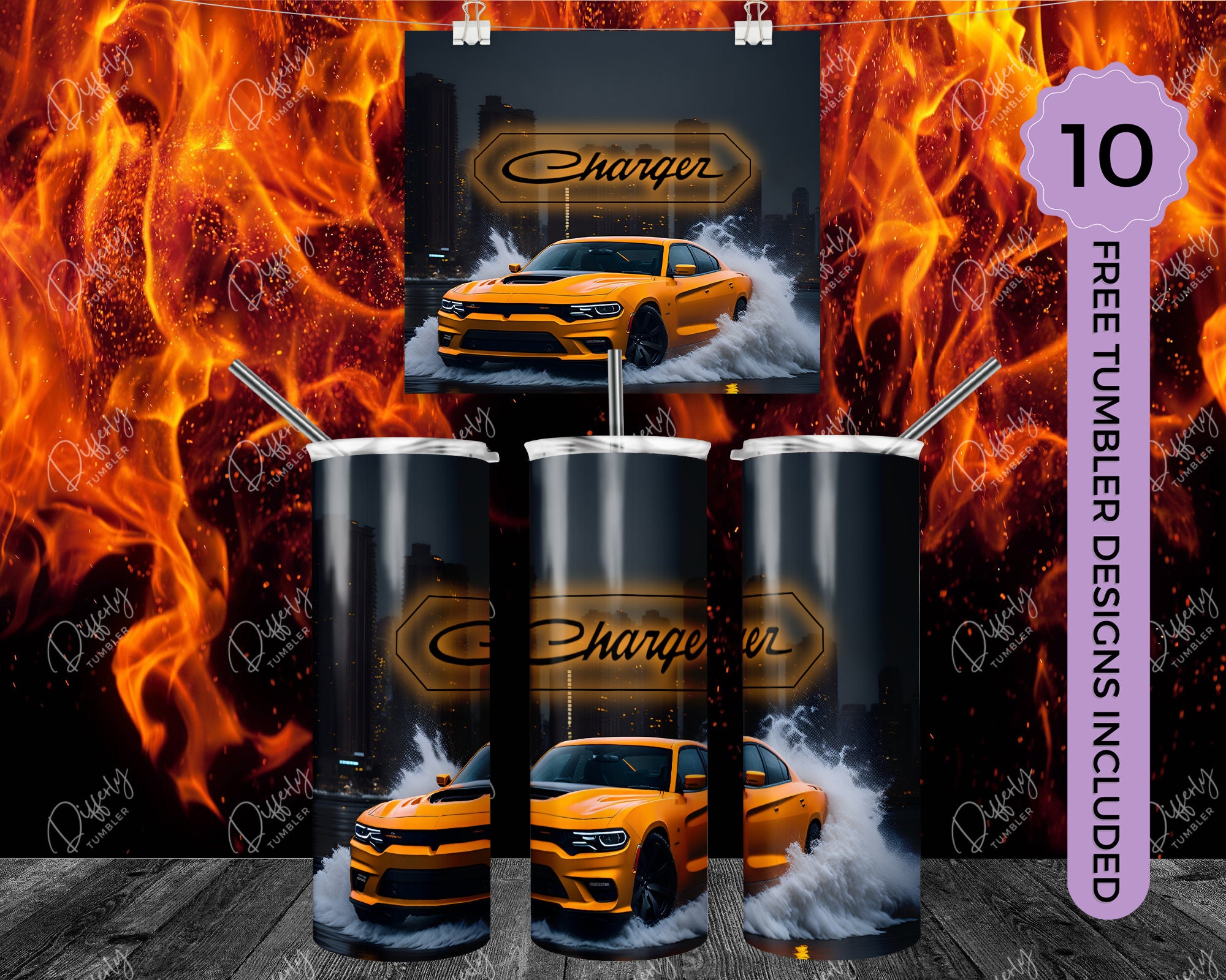 Charger 20oz Skinny Tumbler Wrap Sublimation Design, Orange Charger Car